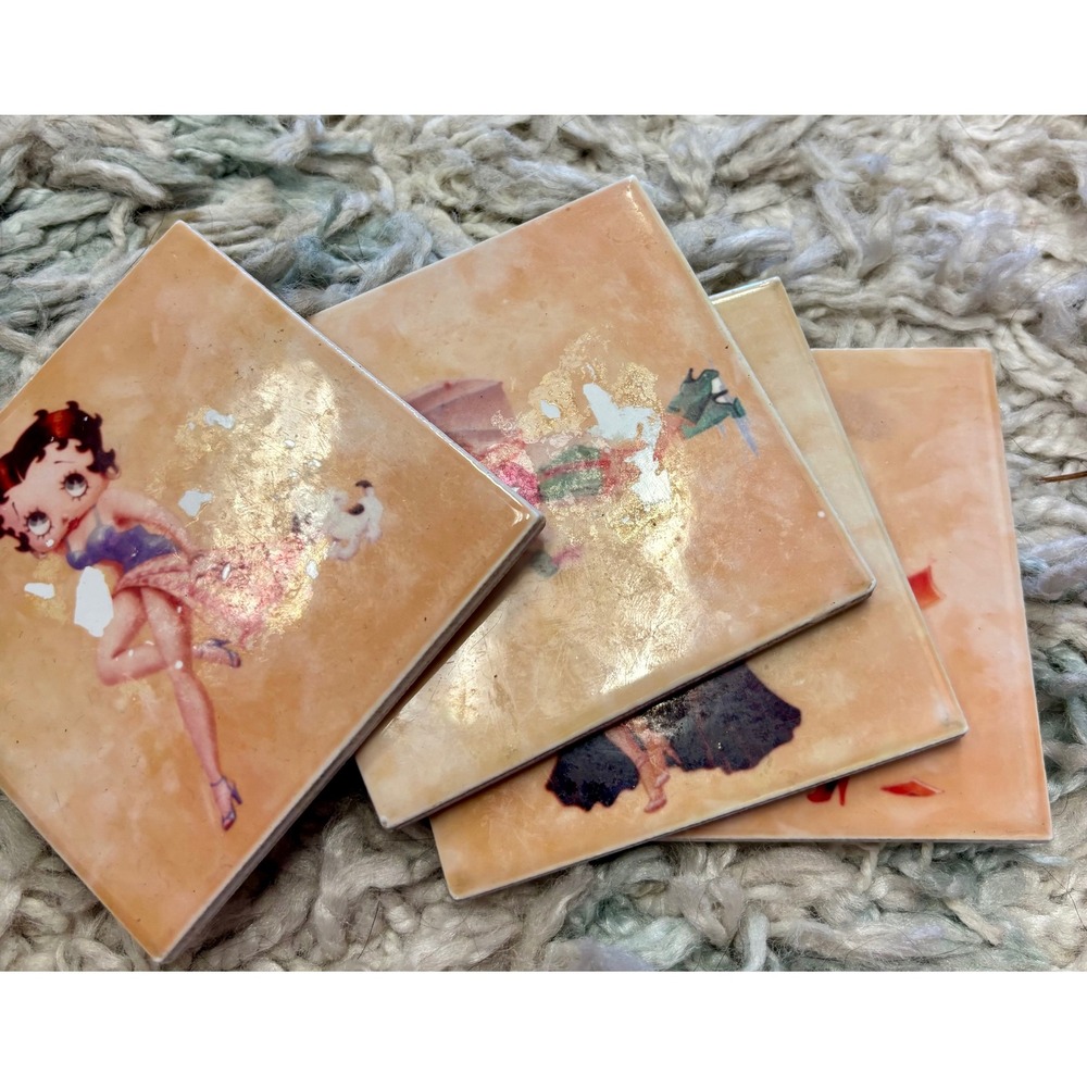 Vintage Betty Boop Ceramic Coasters Set of 4 Cork Backed Pin Up Decor